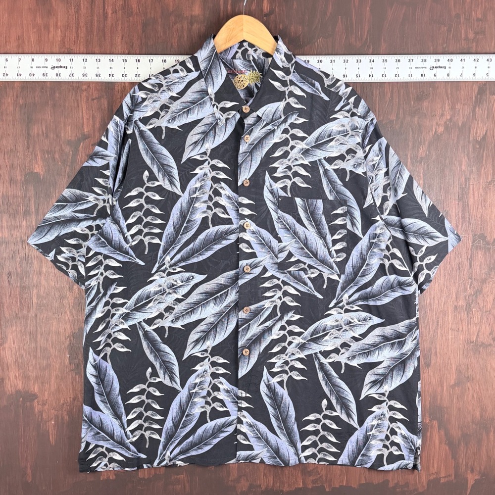 Caribbean Silk Shirt Black Tropical Leaf Print Short Sleeve Button Mens XLT Tall